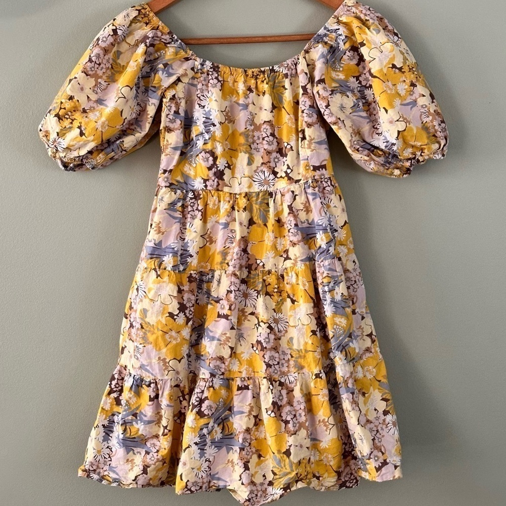 Sim & Sam Floral Smocked Back Tiered Lined Puffy Sleeve Off or On Shoulder XS